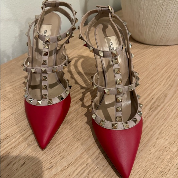 Valentino Red Pointed-Toe Rockstud T-Strap Pumps with Nude Straps - Picture 9 of 15